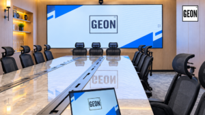 Modern meeting room featuring integrated audiovisual solutions by Geon Asia, illustrating professional meeting room technology.